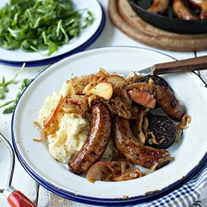 Bangers and Mash with Black Pudding