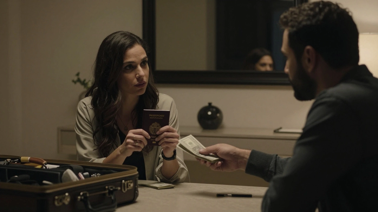 A woman holds her passport in a dim apartment as cash is exchanged, shadows looming.