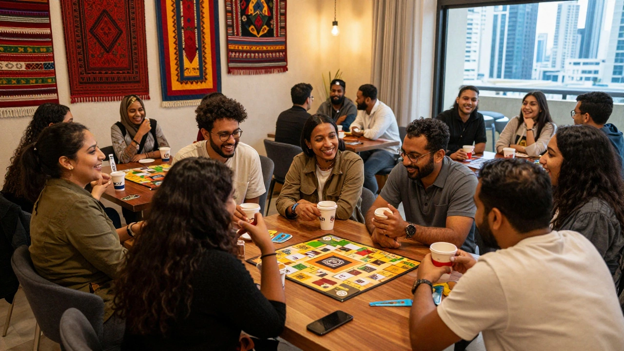 Diverse people socialize warmly at a Dubai community event over coffee and games.