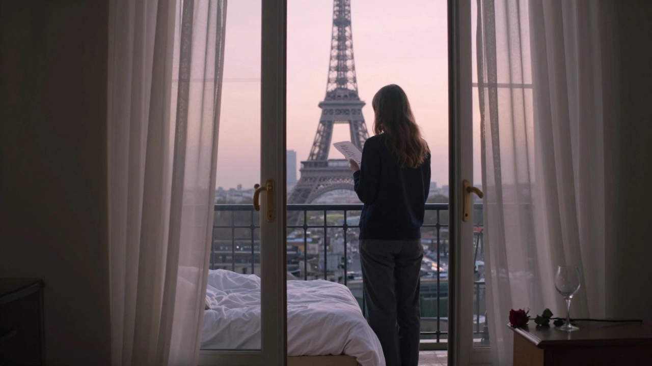 Someone standing on a balcony at dawn, holding a note, Eiffel Tower glowing softly in the background.