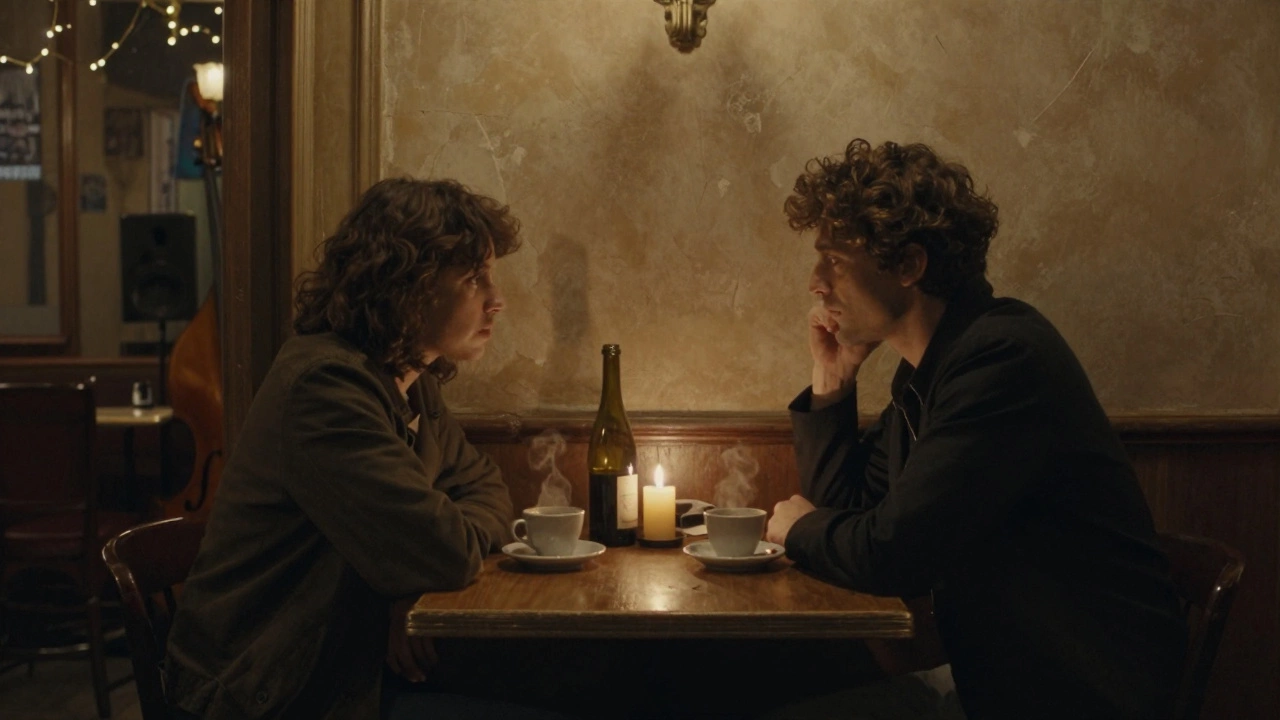 Two people in a cozy Parisian bistro at midnight, sharing coffee and silence under candlelight.